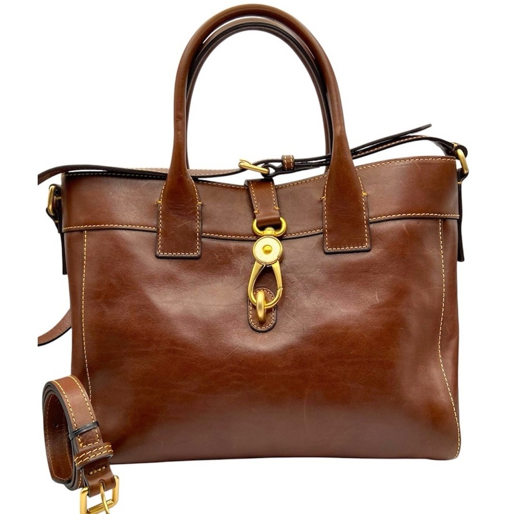 Dooney & Bourke Florentine Leather Logo Lock Satchel Crossbody Tote Bag Chestnut